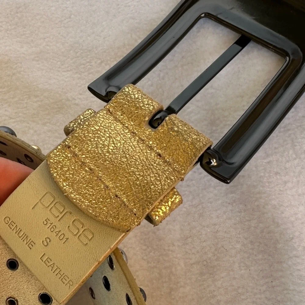 Per Se Gold Metallic Genuine Leather Studded Belt Small Glam Rock Edgy Festival